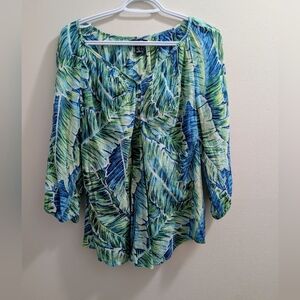 CHAPS Denim Blue Green Tropical Palm Leaf Print Cotton Henley Blouse Top Size M